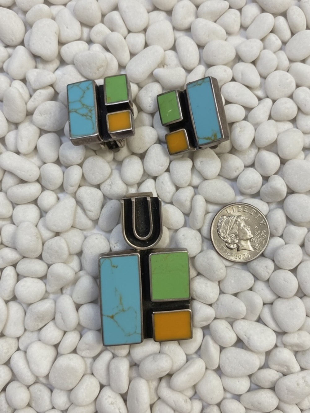 VTG 80s Taxco Sterling Silver Mosaic Inlay Jewelry Set Pendant ClipOn Earrings